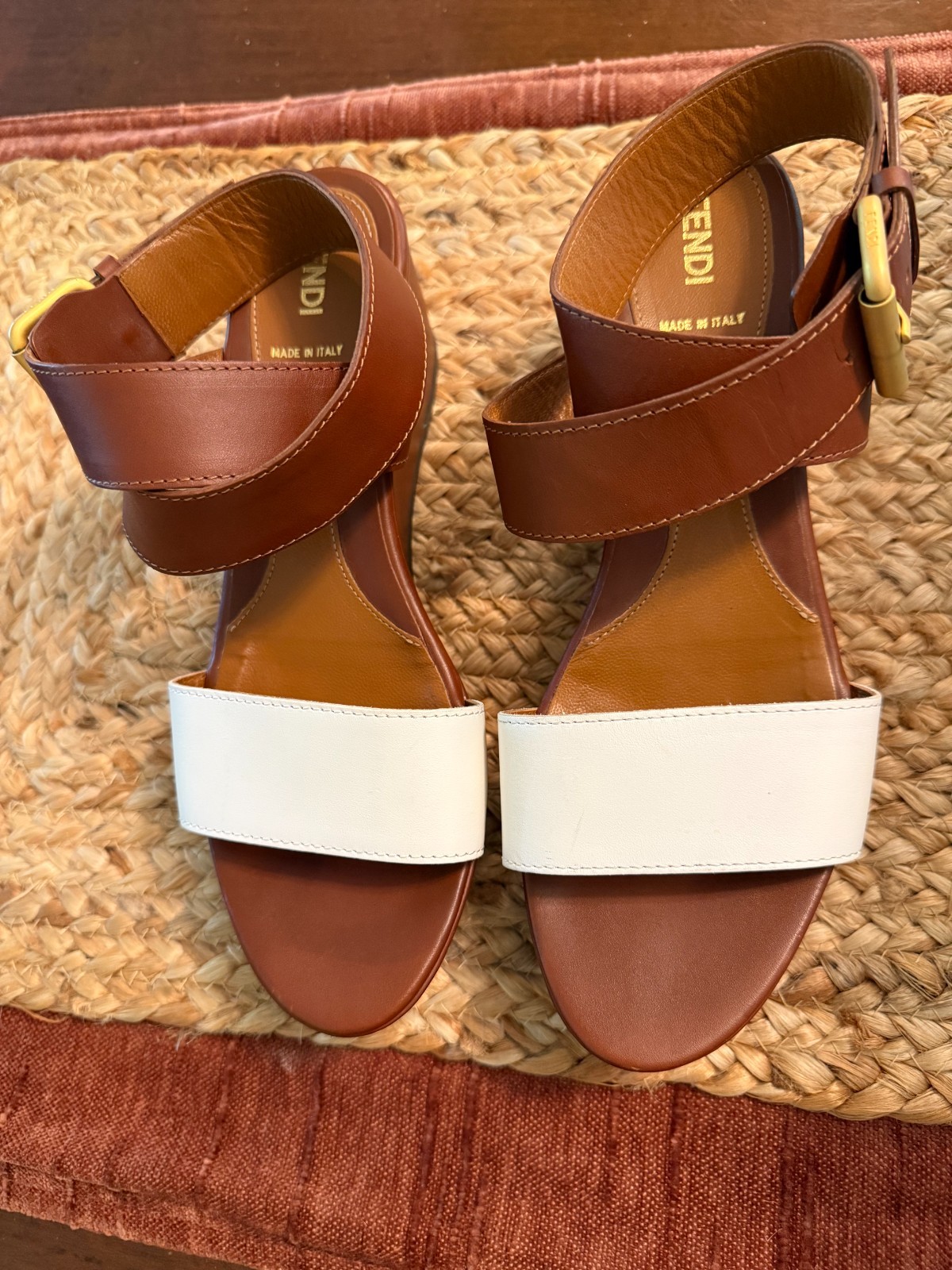 FENDI Two-tone Brown White Leather Platform Wedge Sandals Designer Clean 9/39
