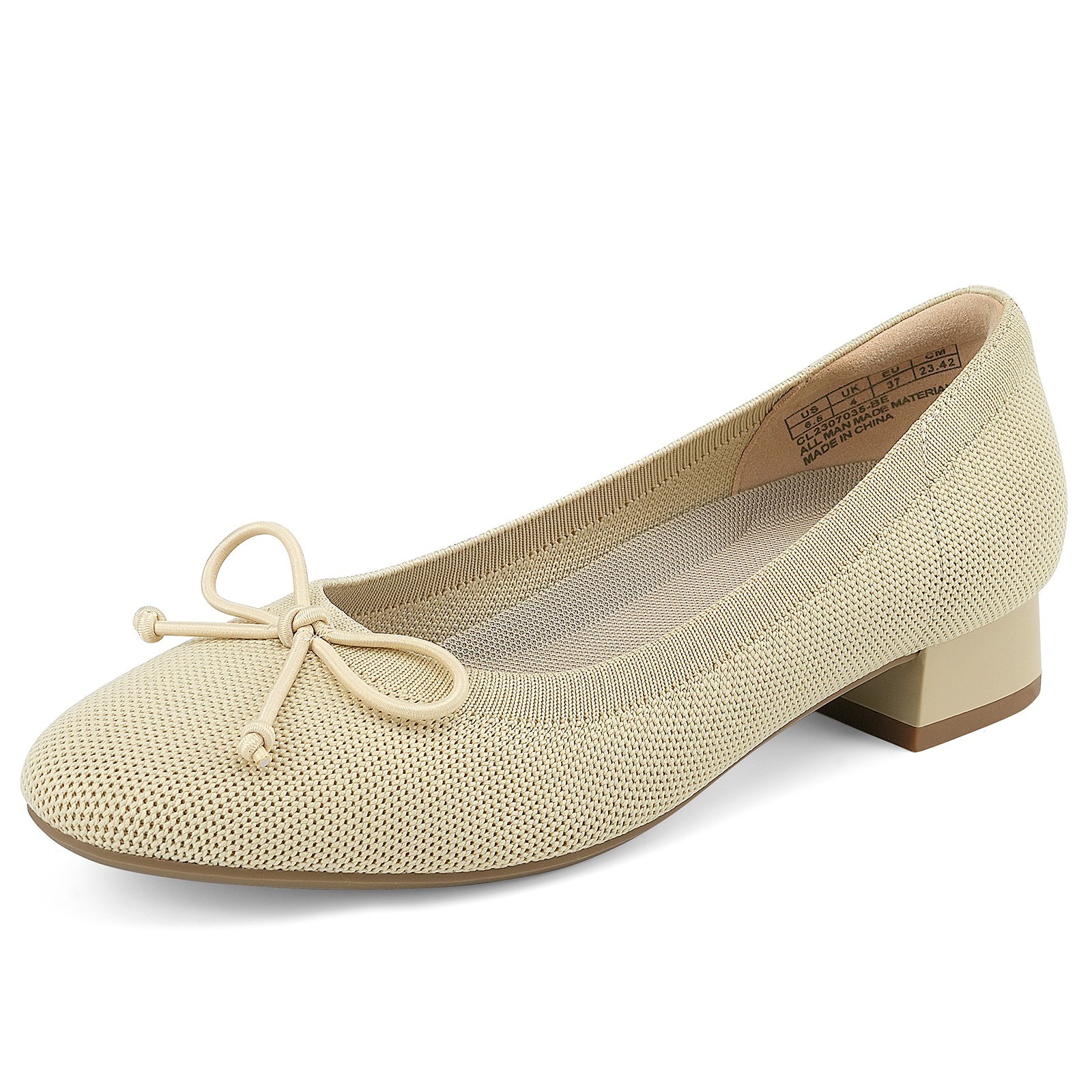 Women Chunky Pumps Low Block Heels Bow Knit Comfortable Office Dress Shoes