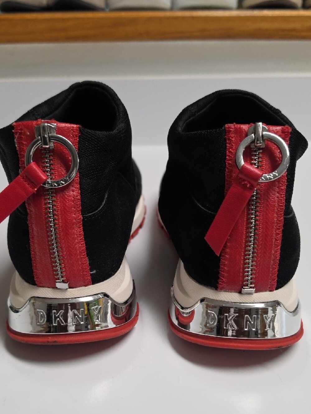DKNY Mylo Knit Sock Slip-On Sneakers – Black/Red Zipper Accent – Size 11