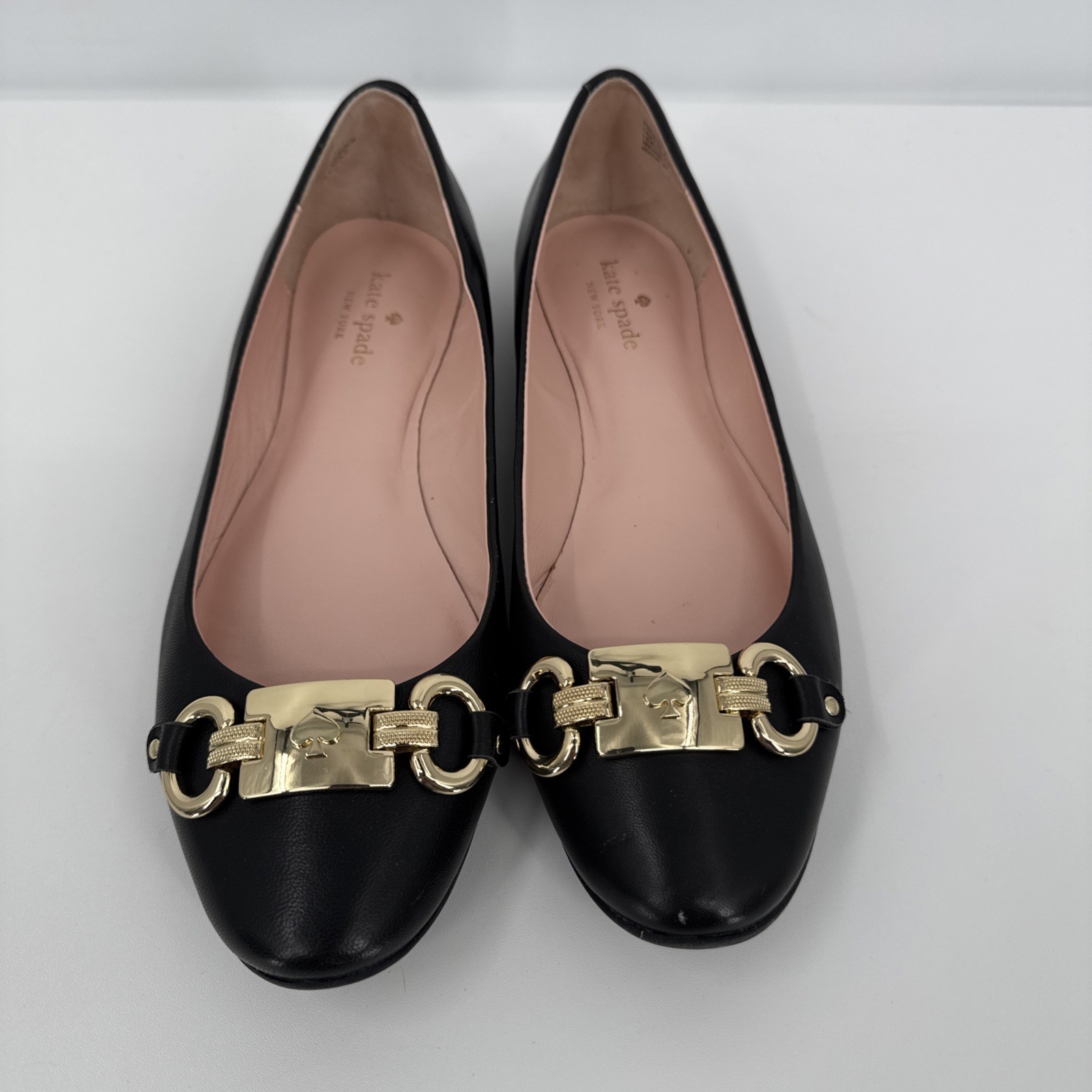 Kate Spade New York Phoebe Black Leather Gold Logo Ballet Flats 8 City Preppy