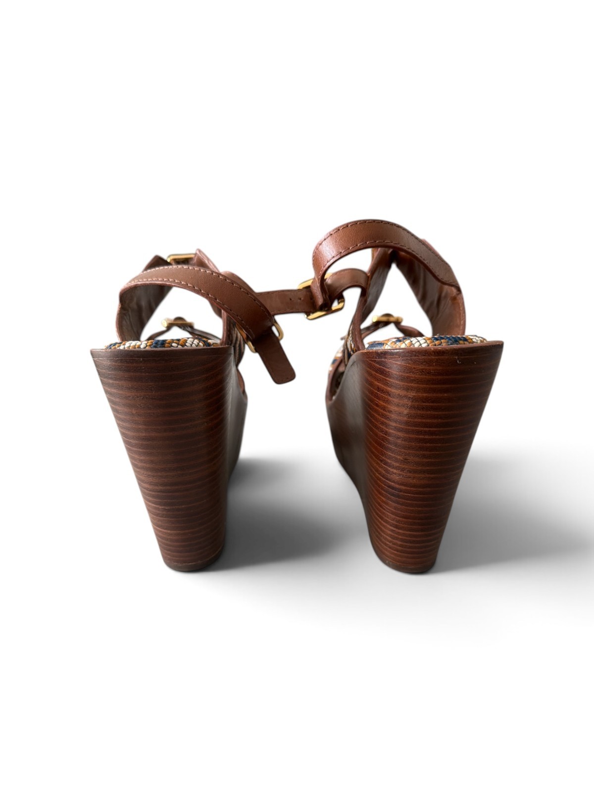 Tory Burch Platform Sandals Women’s 10M Brown Leather 5″ Heel Double T Logo