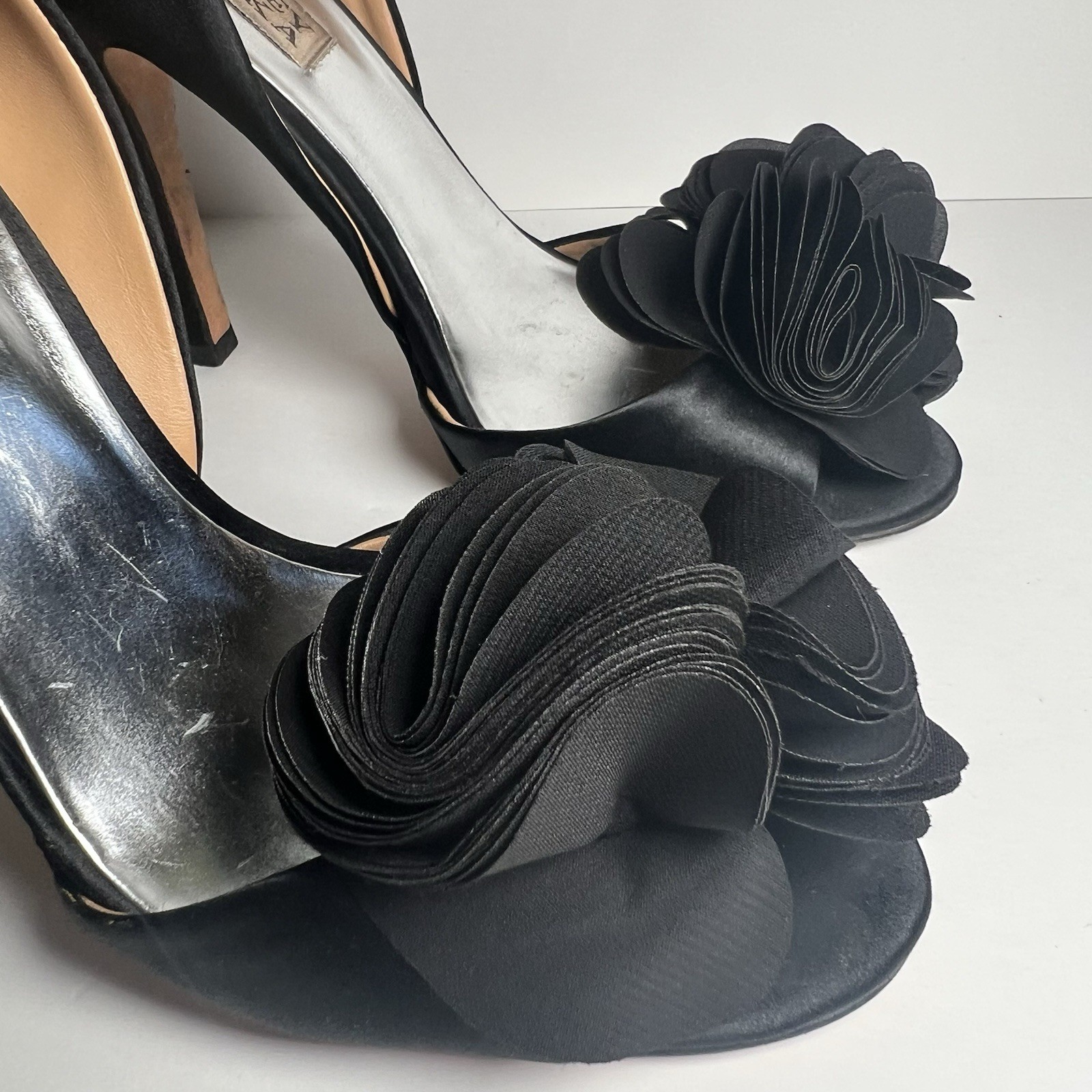 Badgley Mischka Black D’Orsay Peep Toe Satin Stiletto Heels Flower US 6.5/ EU 36