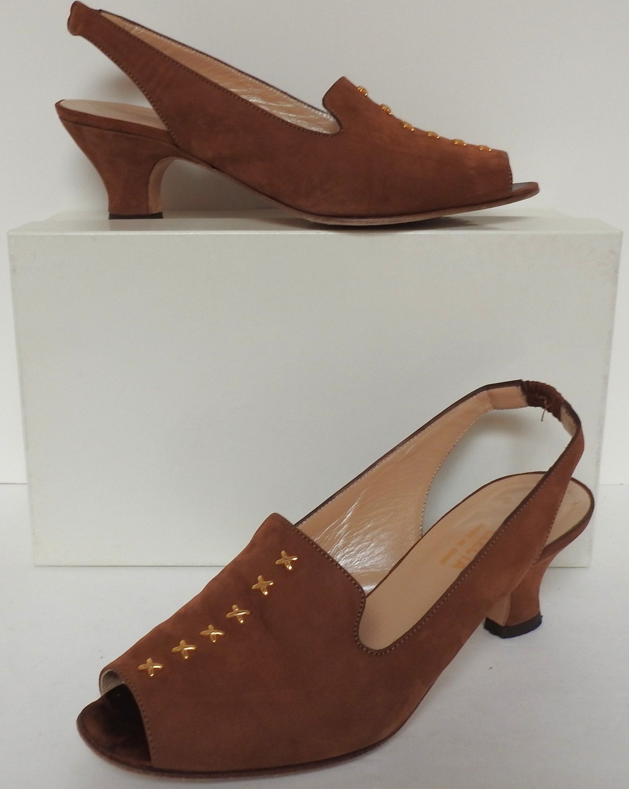 Electa Vero Cuoio Italy Brown Nubuk Sling Back Heels sz 7.5 EU 38 *ship w/o box