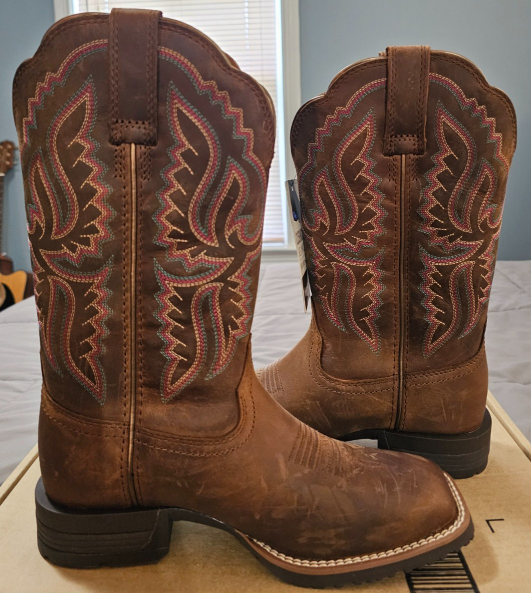 Ariat® (Women’s 6.5 B) Hybrid Ranchwork™ Western Boot in Distressed Tan – $220