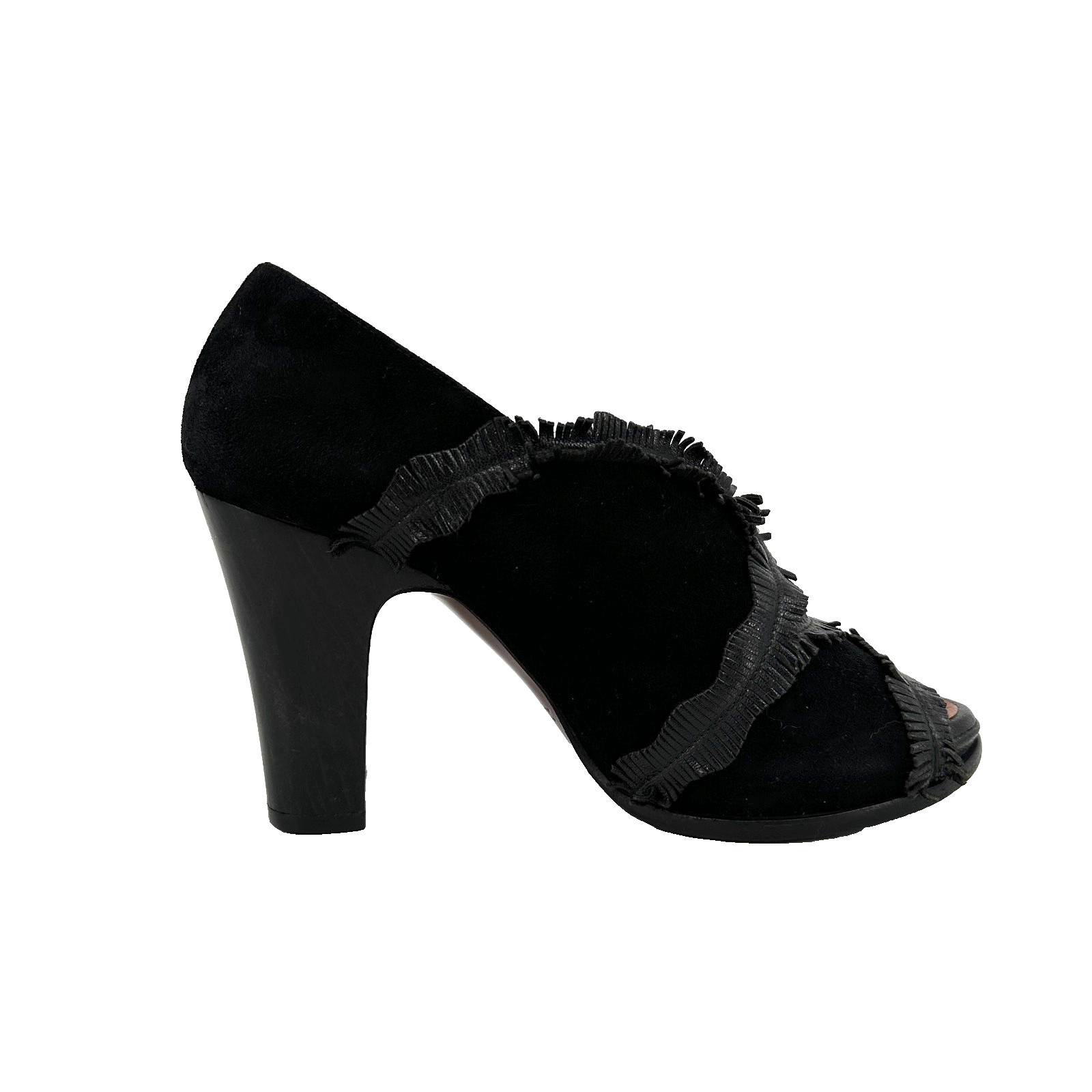 Chie Mihara Black Suede Ankle Peep Toe Booties EU 37 US 6.5 Fringe 3.5in Heel