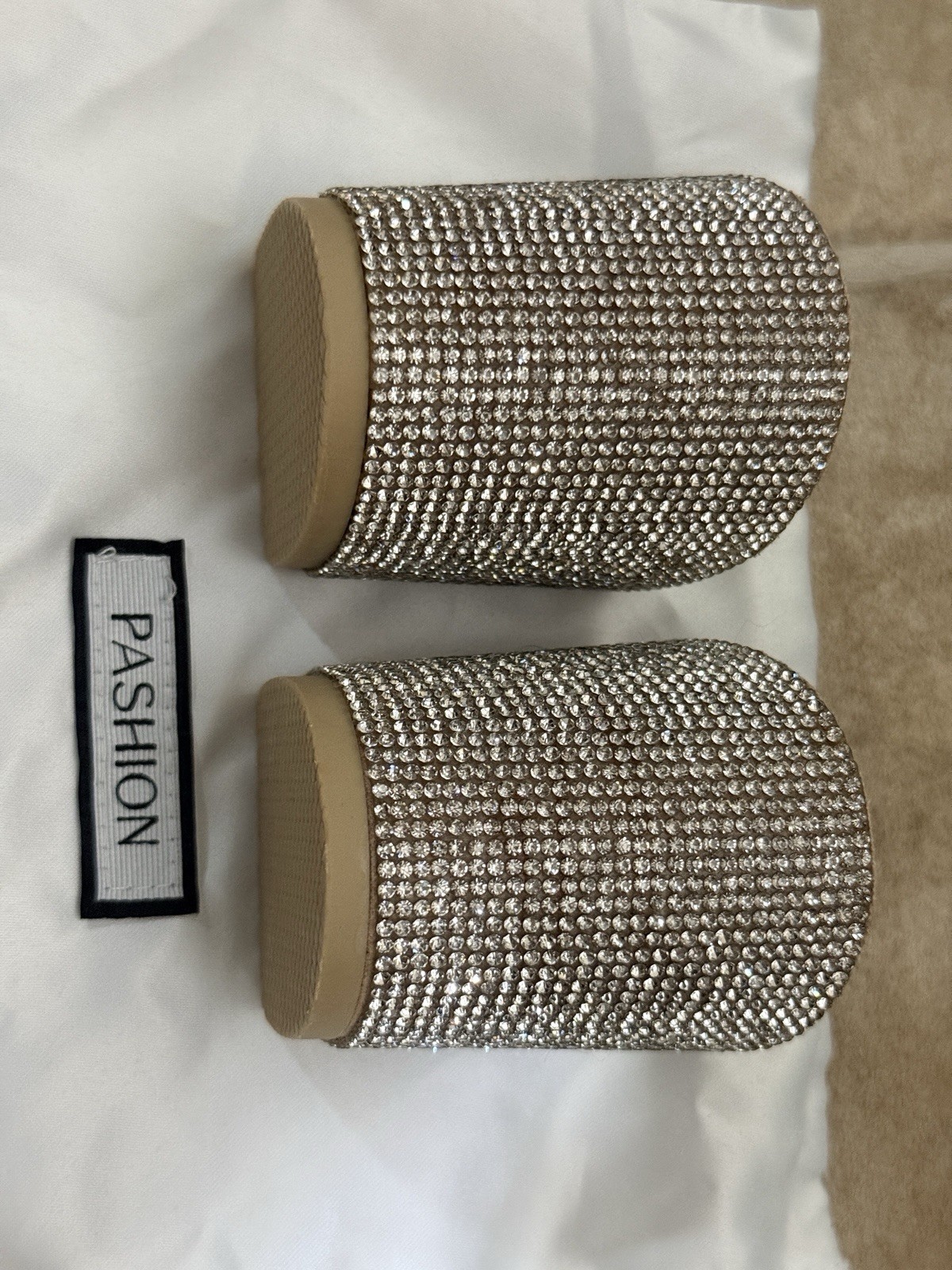 Size 9-11 Pashion Footwear Sand Rhinestone 3 Inch Heel Block “