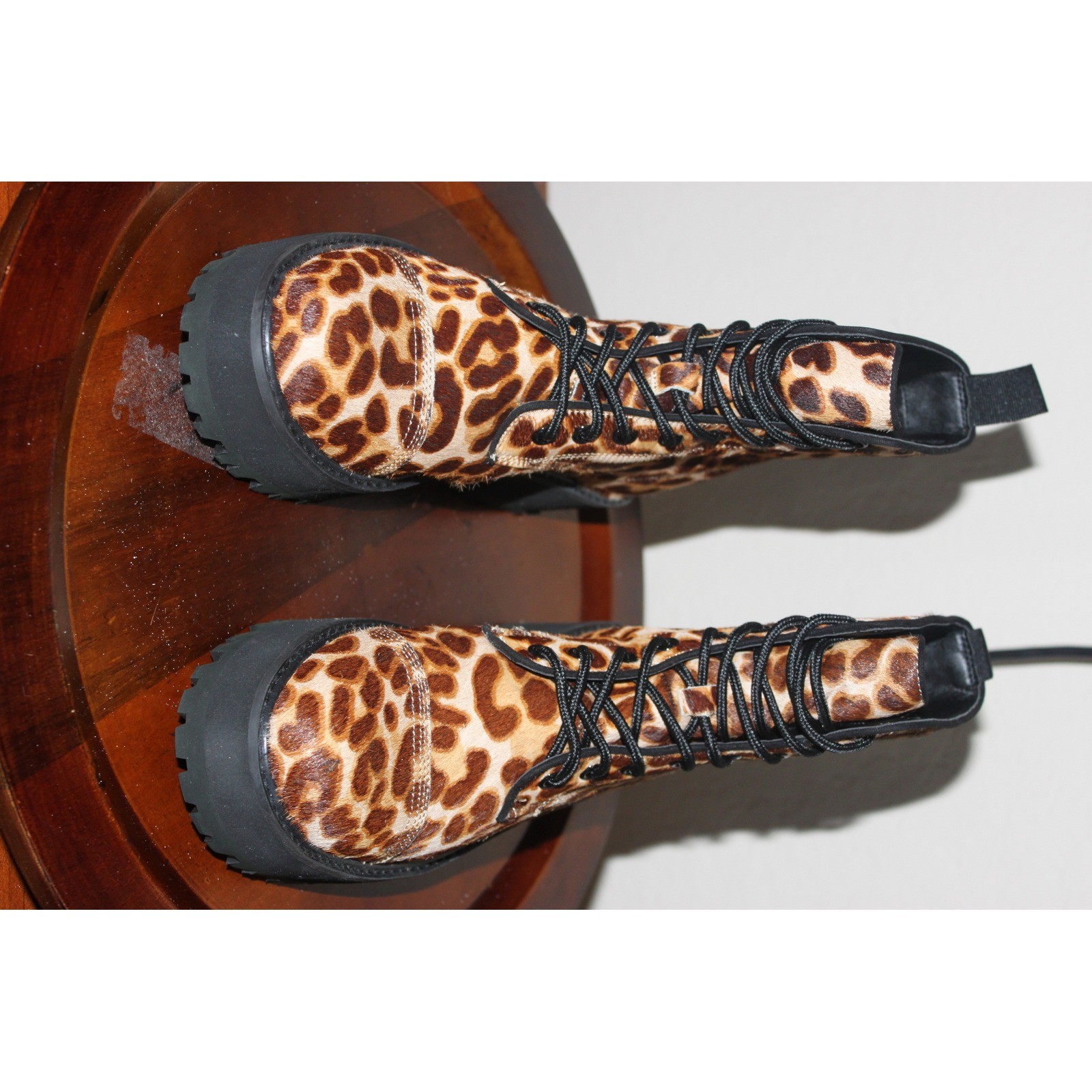 Faryl by Farylrobin Leopard Combat Boots Platform Calf Hair 6.5 Chocolate Brown