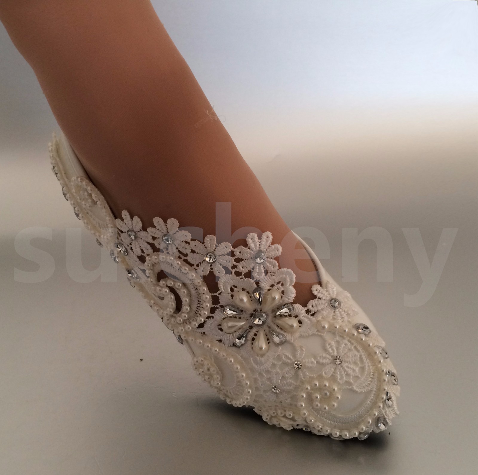 su.cheny White ivory pearls rhinestones lace flat Wedding shoes Bridal size 5-13