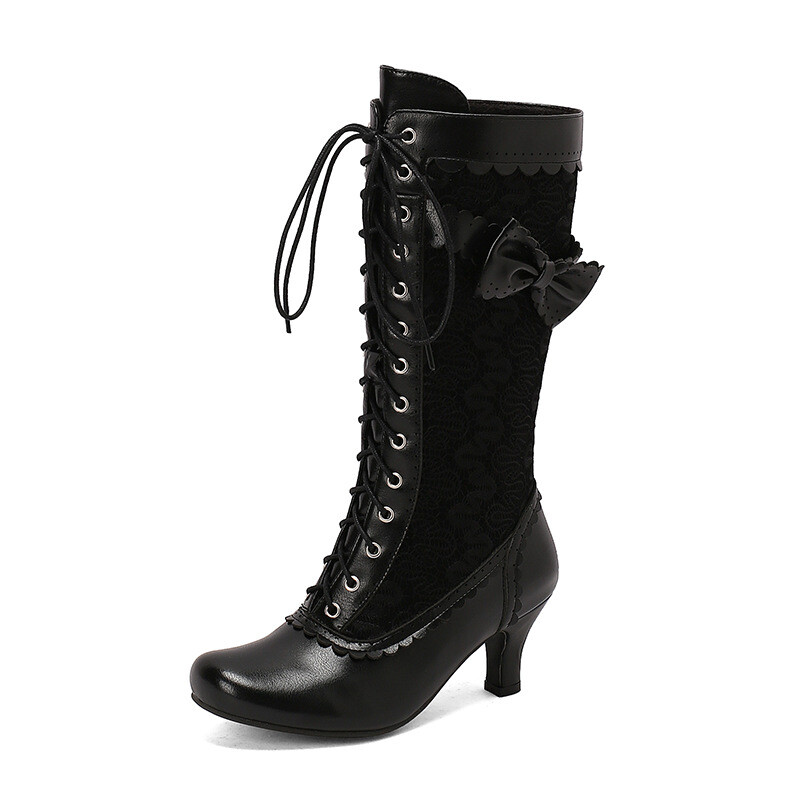Womens Mid Calf Kitten Heel Boots Bowknot Lace Up Cosplay Shoes Lolita Plus Size