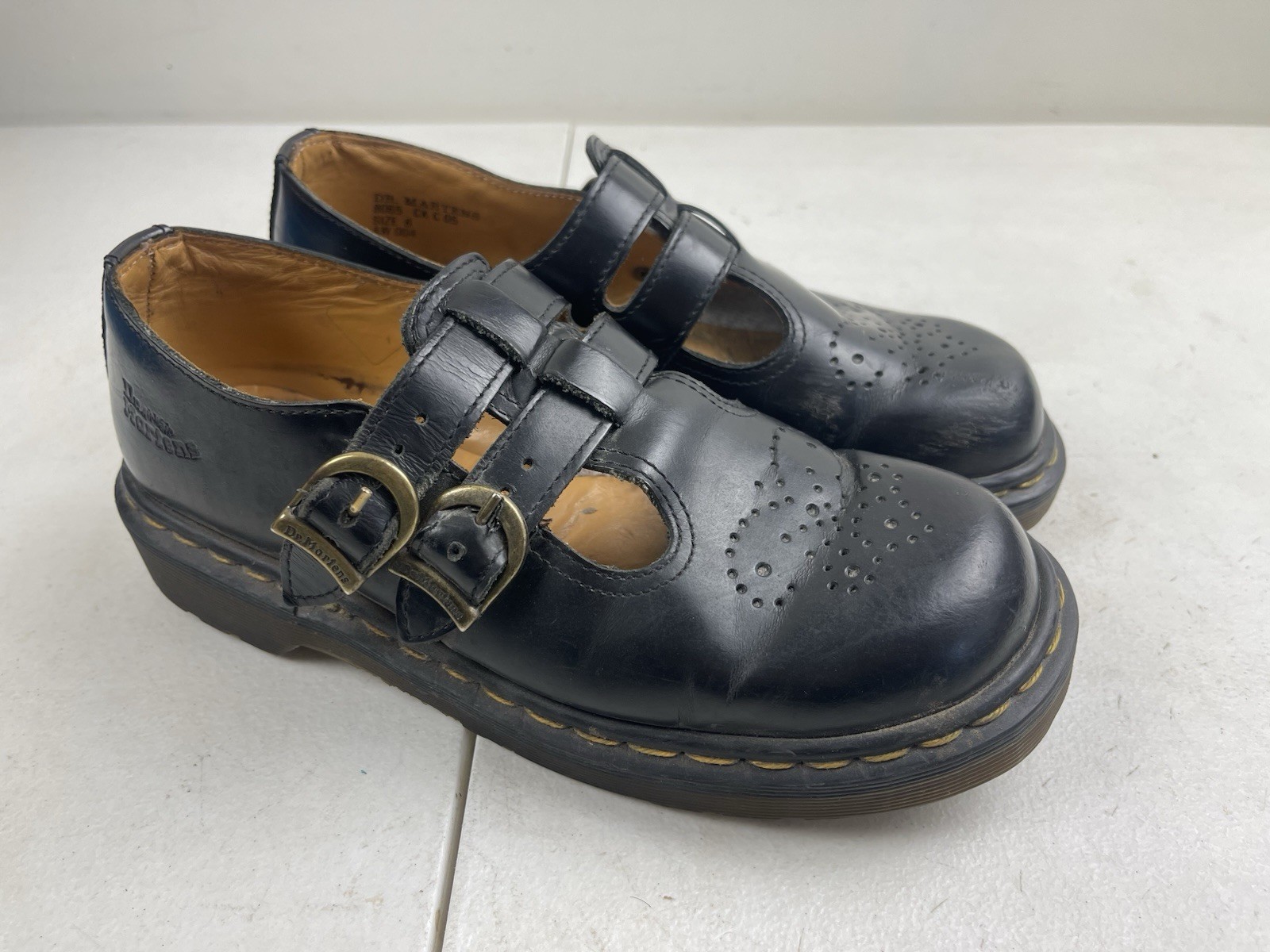 VTG 90s Doc Martens Double Strap Mary Jane Shoes Black Leather Size 8 Made In UK