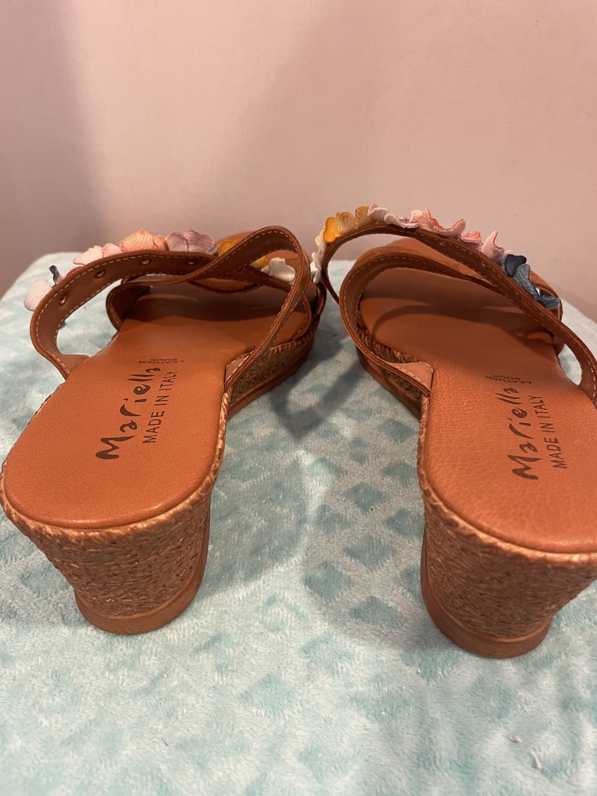 Mariella Floral Wedge Italian Leather Sandal Size 9