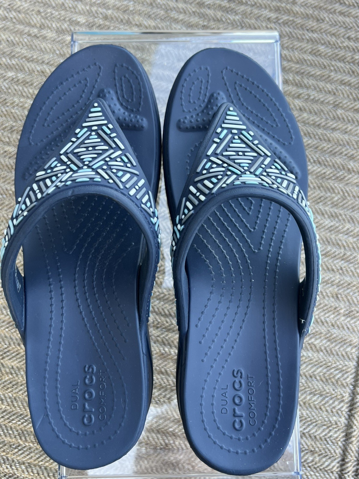 CROCS Dual Comfort Monterey Diamante Wedge Navy Blue Flip Flops Women’s Sz 11