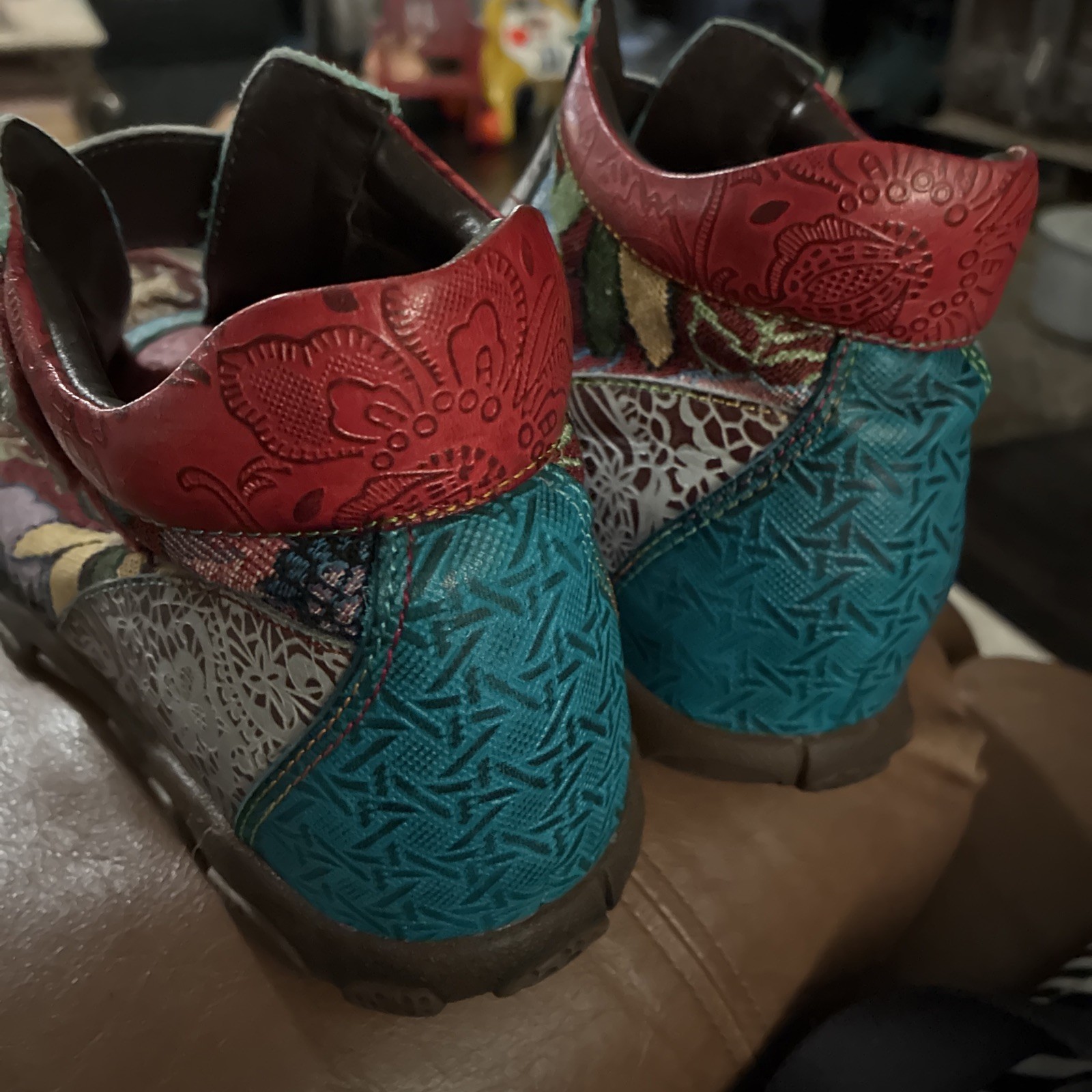 Socofy Red/Teal/Textile Leather Ankle Boots Women’s 39 US SZ 8.5