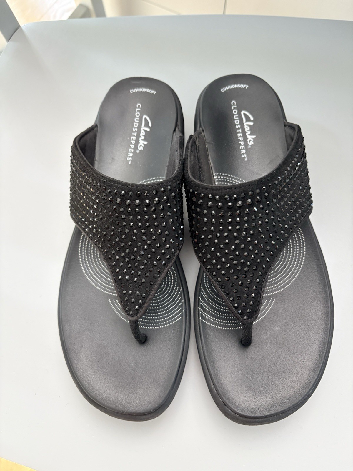 Clarks Drift Jaunt Cloud Steppers Sandals Rhinestone Thong Platform Black 8