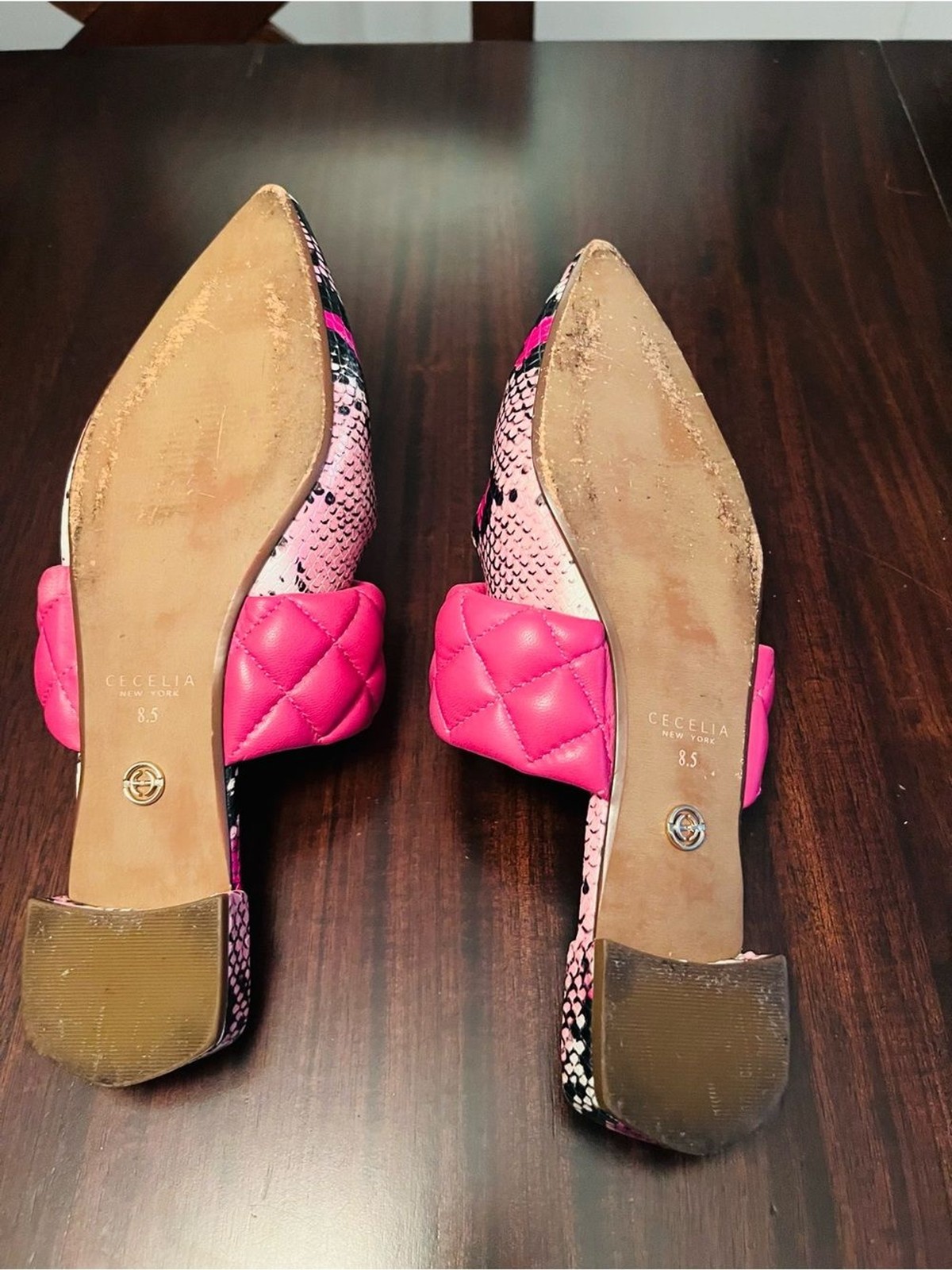 Quilted Hot Pink Strap Pointed Mule with Pink Snake-Print