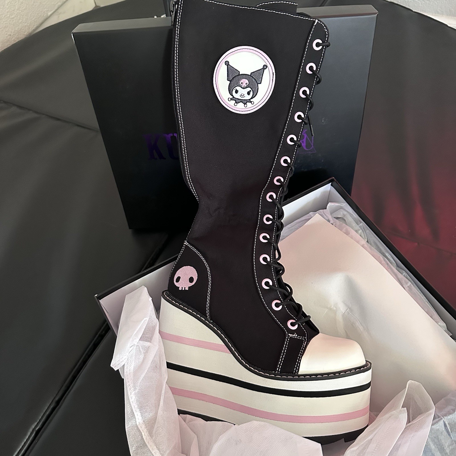 YRU x Kuromi Detention Platform Boots Black Pink White Women’s New In Box Size 9