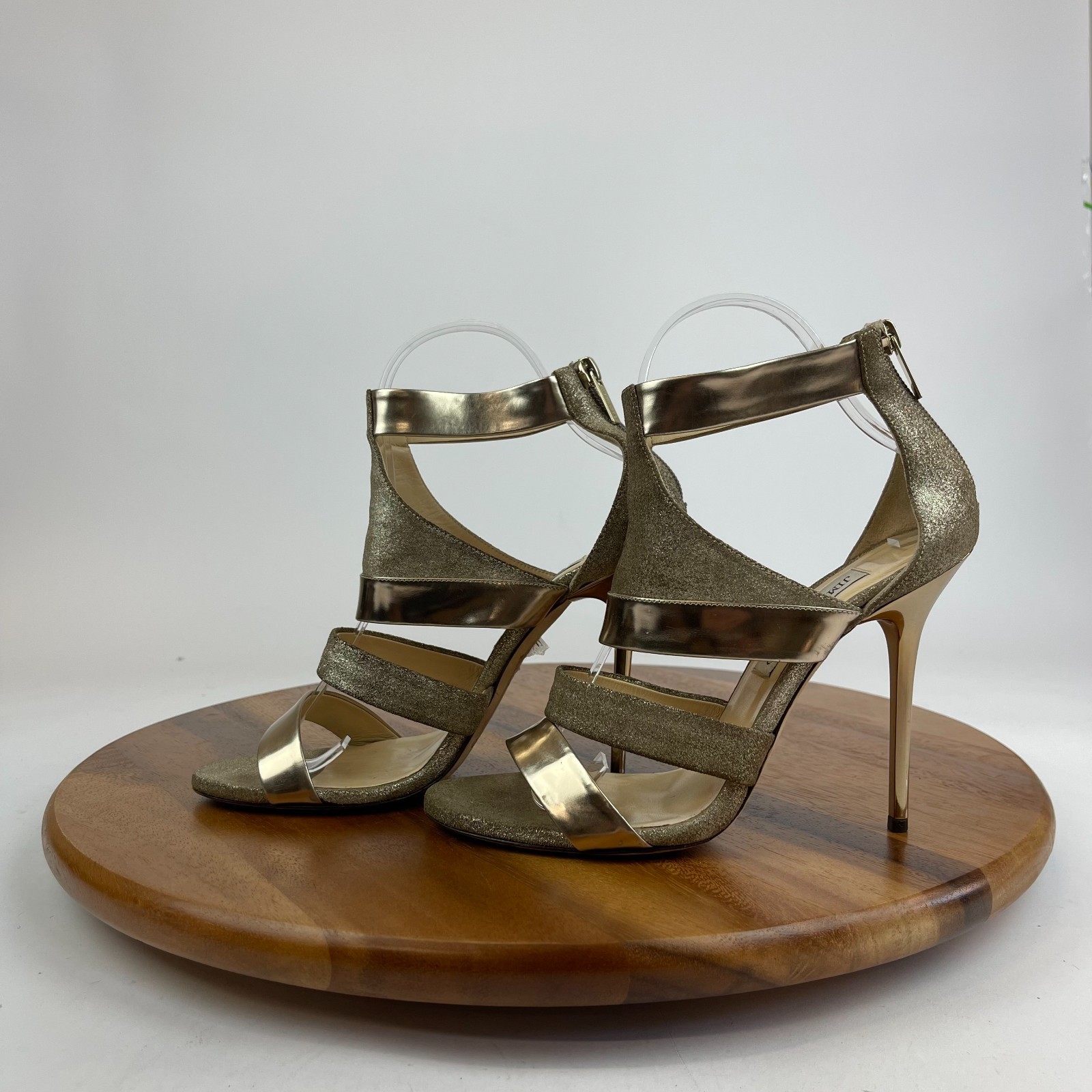 Womens Jimmy Choo Champagne Metallic Leather Strappy High Heels 38.5 US 8.5 GUC