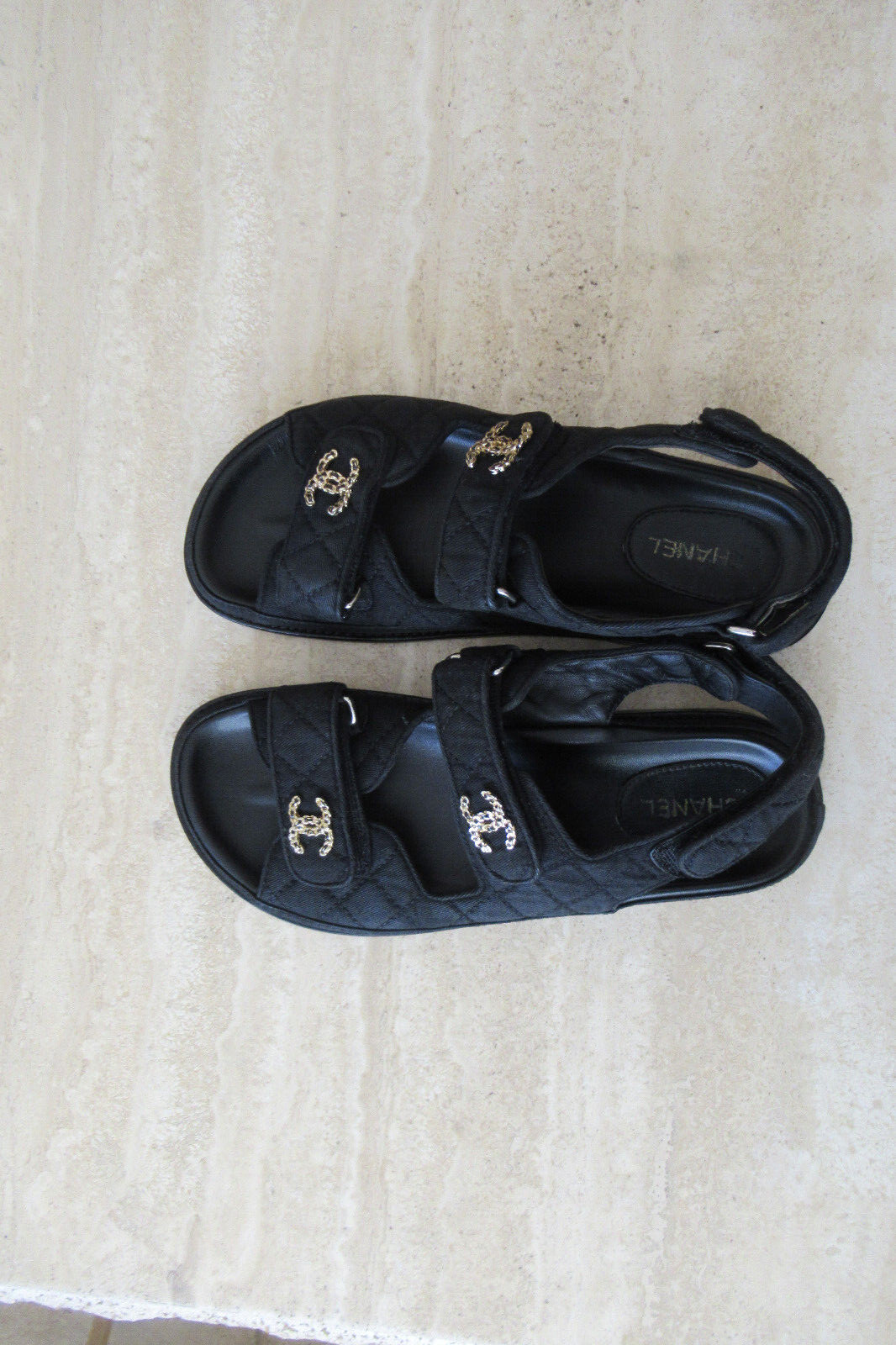 AUTH CHANEL DAD QUILTED FABRIC BLK «CC» SANDALS FLAT SZ «40» C RET$2300 BARGAIN!