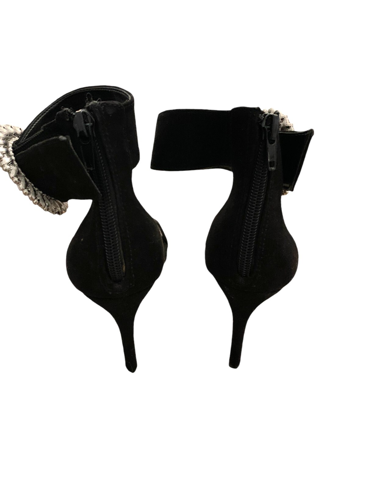 {I.N.C.} Black Stilettos/Heels/Open Toe Sz. 7.5 Velvet w/Rhinestone Buckle