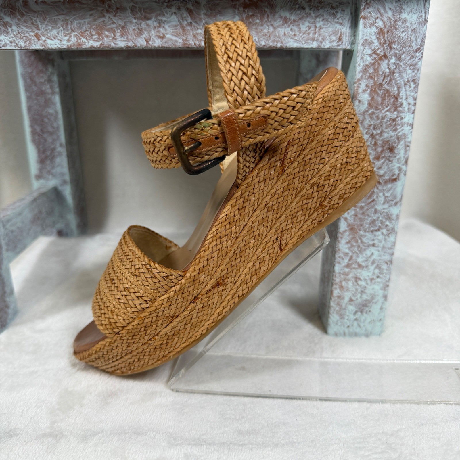 Stuart Weitzman Barbados Wedge Sandals Women 5.5 Tan Woven Platform Ankle Strap
