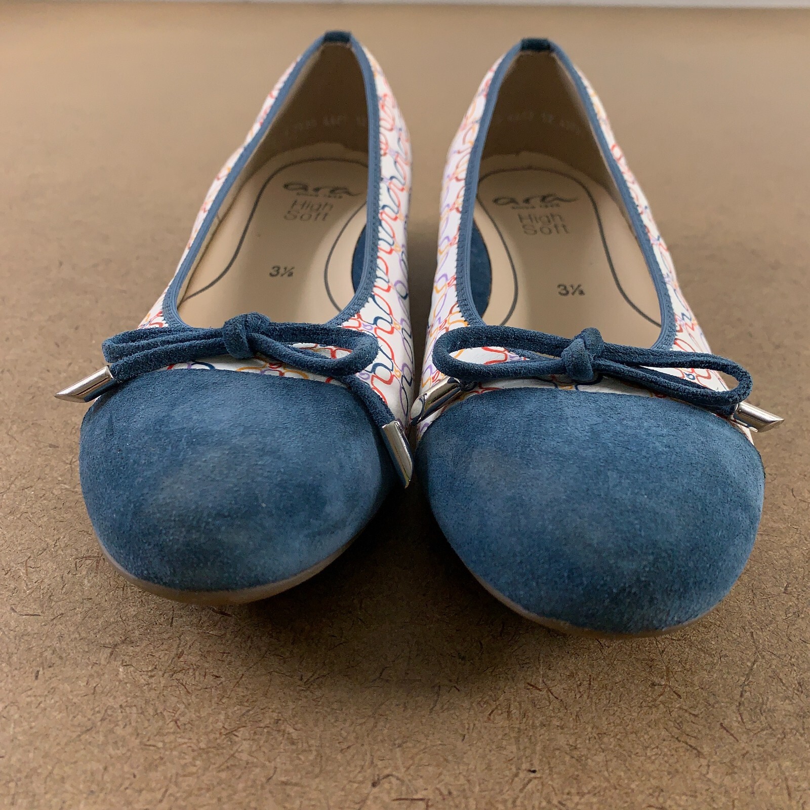 Ara Women’s US Shoe Size 6 Blue Suede Colorful Print Belinda Bow Ballet Flat New