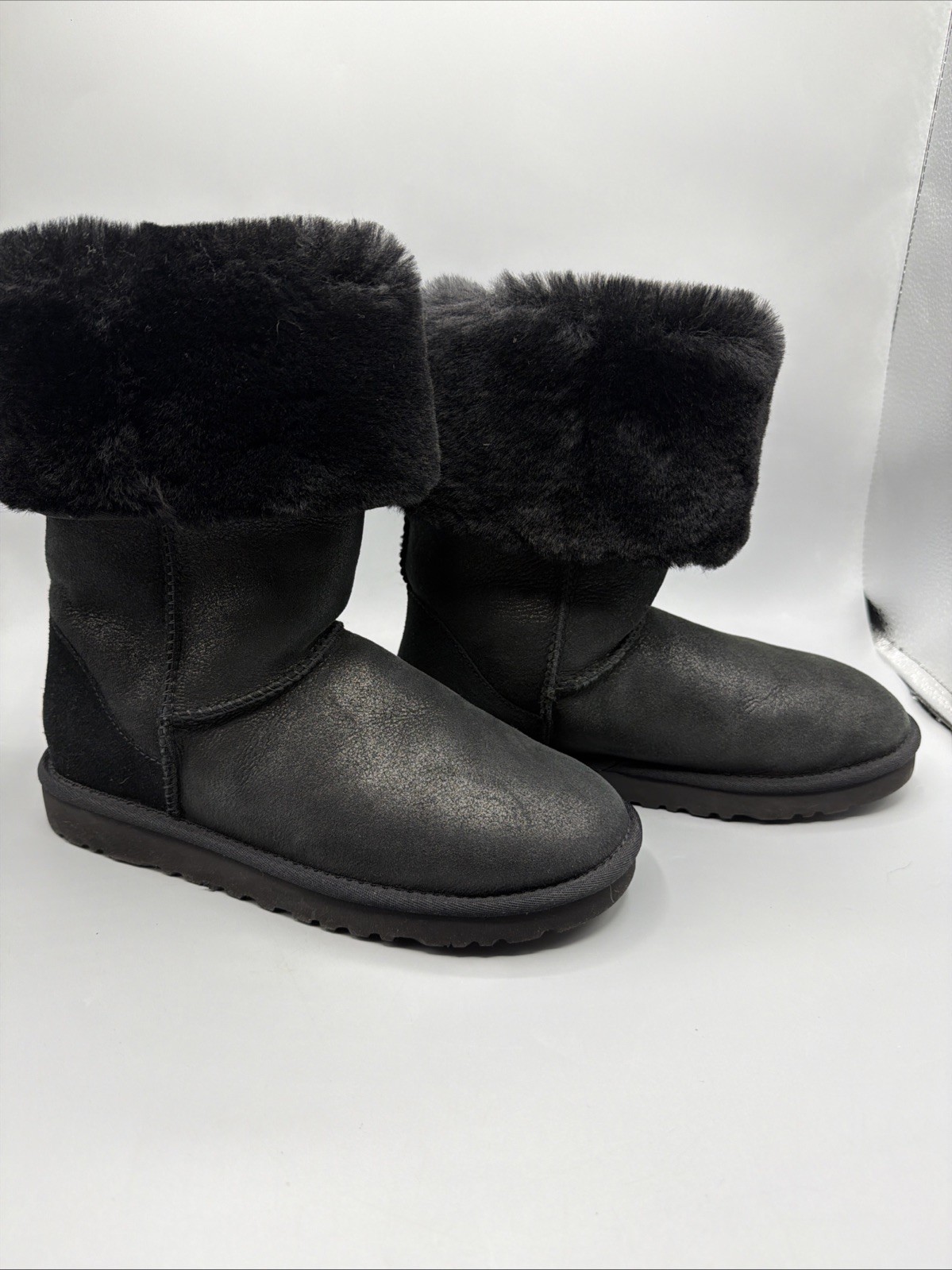 UGG Australia Tall Boots Womens 7 Snow Pull On Mid Calf Leather Black Fur
