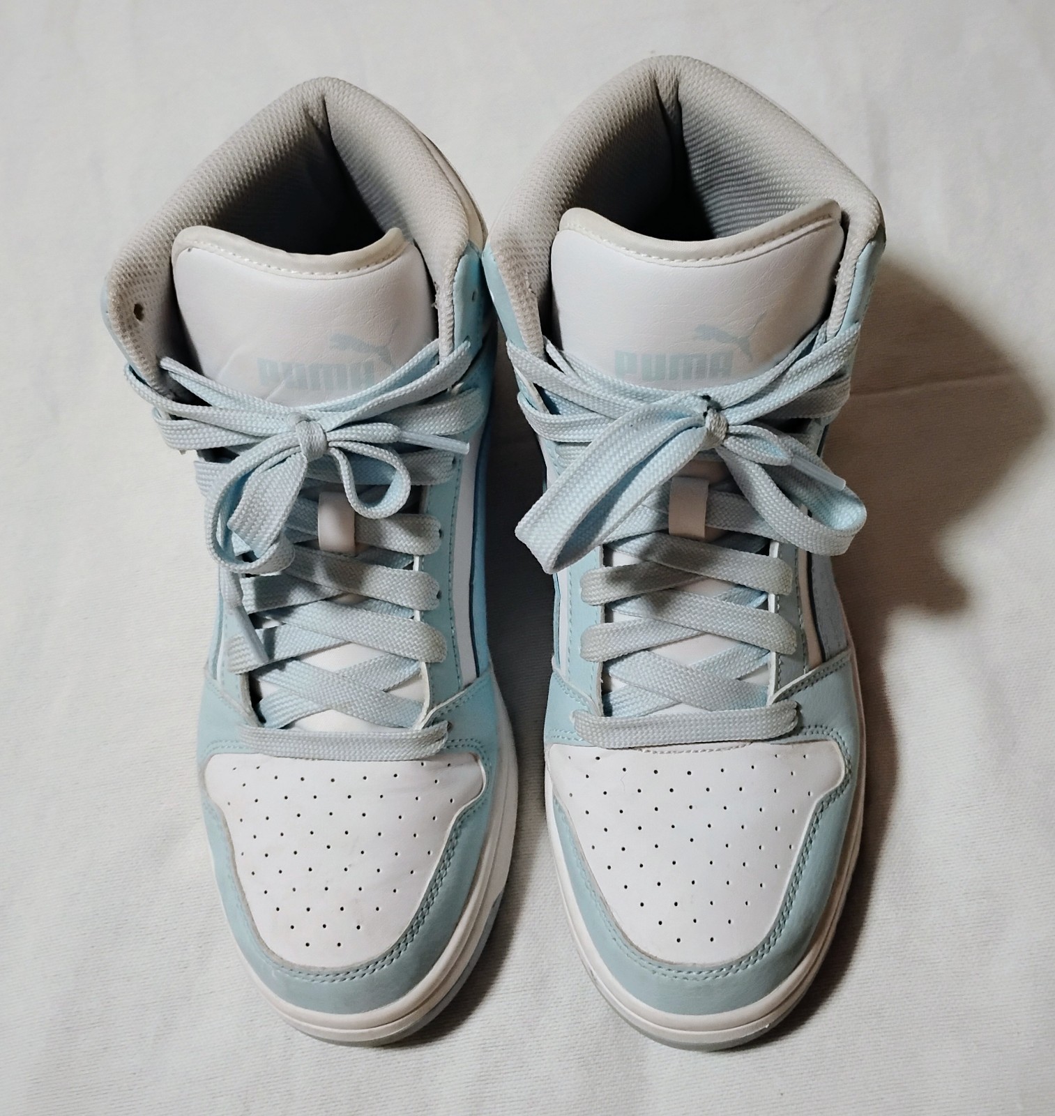 Puma Rebound LayUp SL White Baby Blue Mid Top Basketball Shoes Womens Size 9.5