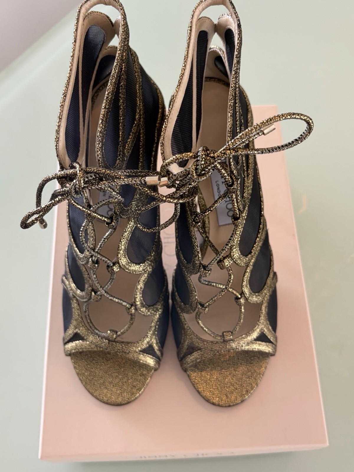 Jimmy Choo Women’s Light Bronze Lame Glitter Strappy Lace-Up Open Toe Stiletto 8