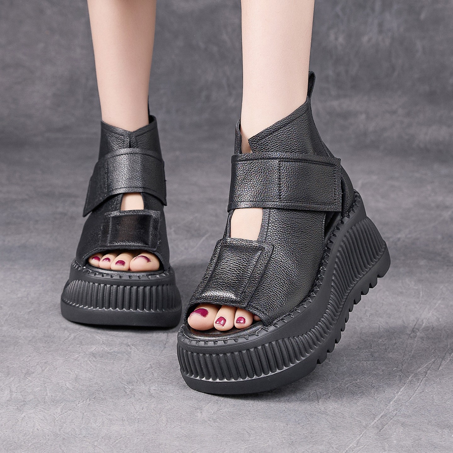 Women Retro Open Toe Sandal Real Leather Platform High Heel Thick Sole Boot Shoe