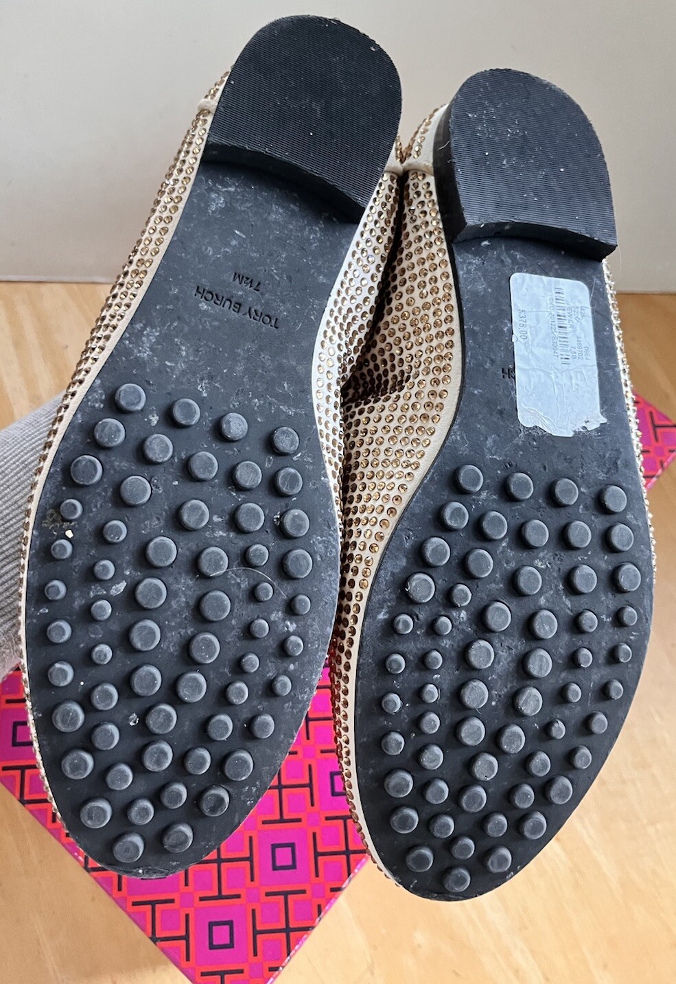 Tory Burch Champagne Crystal Covered Cream Suede Ballet Flats Loafer Sz 7.5 EUC!