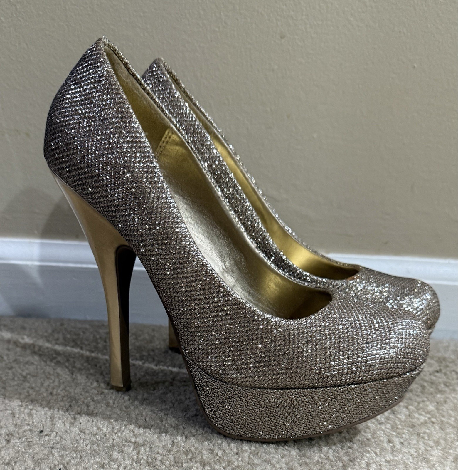 Gold Glitter Platform Stiletto Heels Womens 6 High Heel Pumps Party Disco Shoes