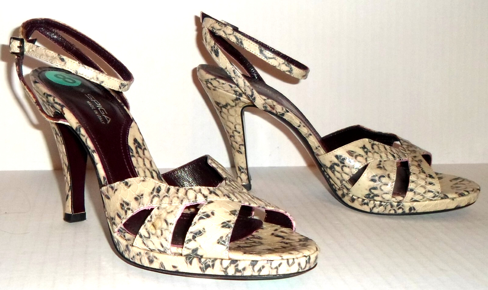 VIA SPIGA Snake Embossed Leather Ankle Wrap Shoes 8M ITALY