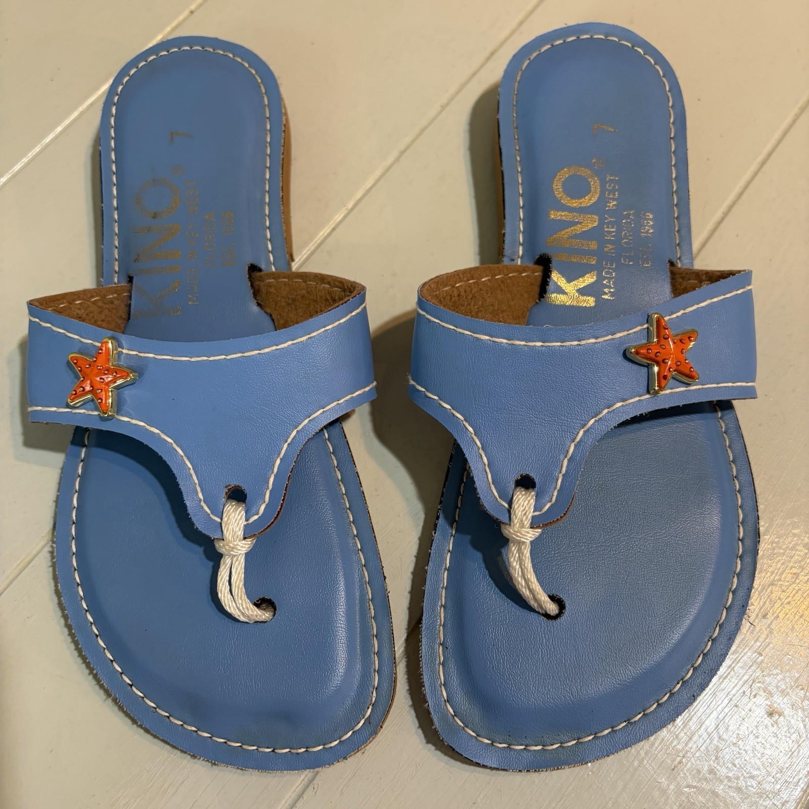 Kino Blue Leather Flip Flop Sandals Orange Starfish Made In Key West Women’s 7