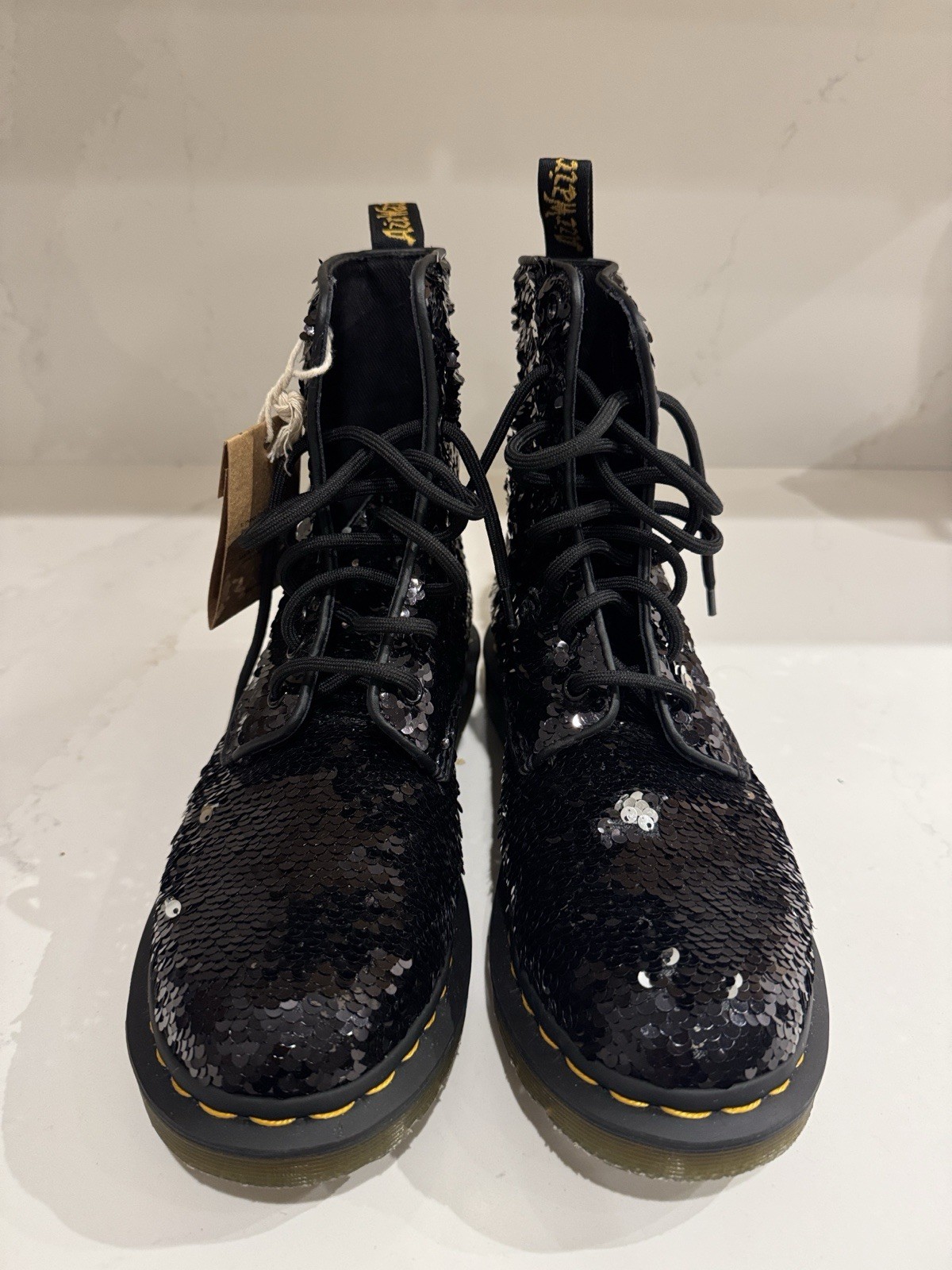 Dr. Doc Martens 1460 Pascal Sequin 8-Eye Boots Black/Silver, Size 7L