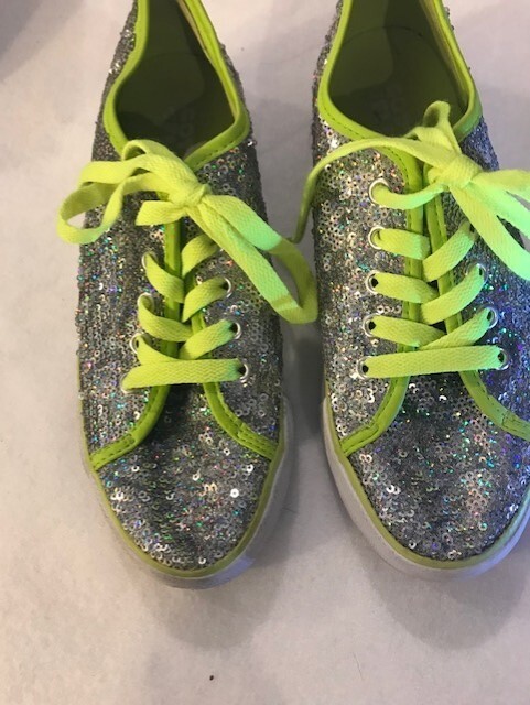 Gotta Flurt Sneakers Size 4 Kids Silver Sequin/Lime Green Laces- Free Shipping