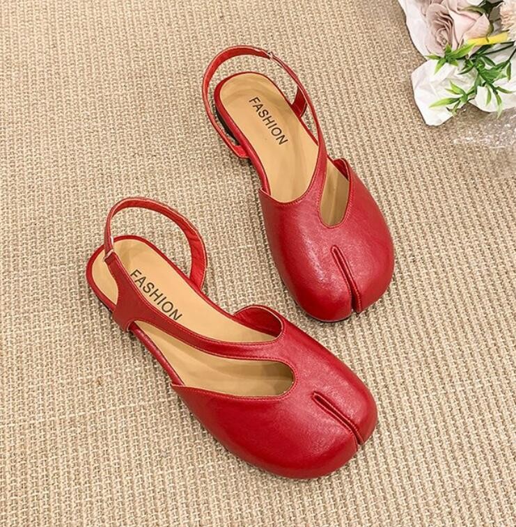 Women’s Leather Split Toe Slingback Flats T-Strap Cutout Backless Mule Sandals