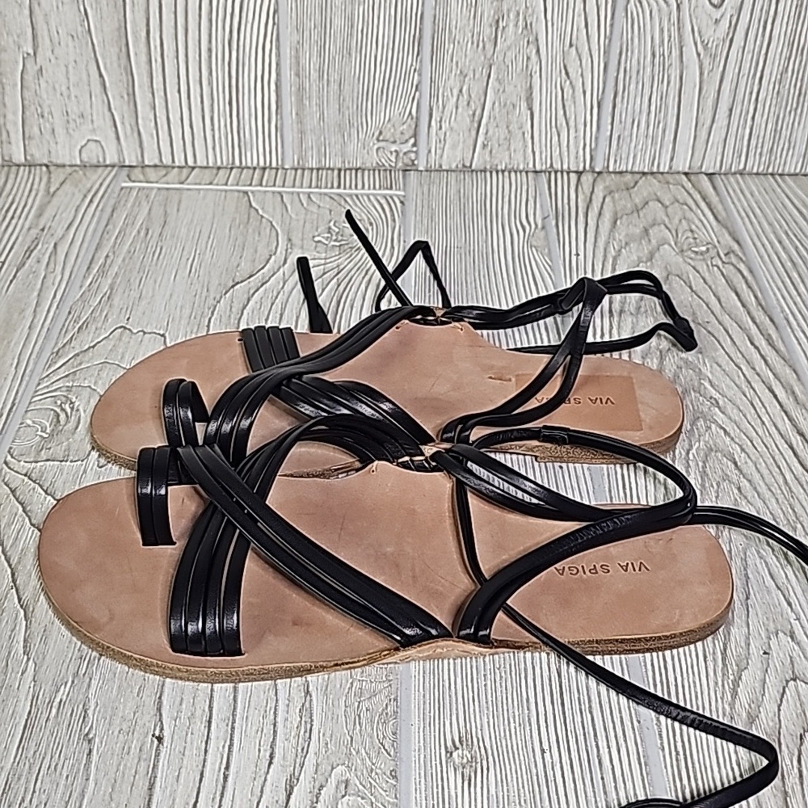 Via Spiga Allegra Ankle Wrap Black Leather Sandals Womens Size 6.5 New