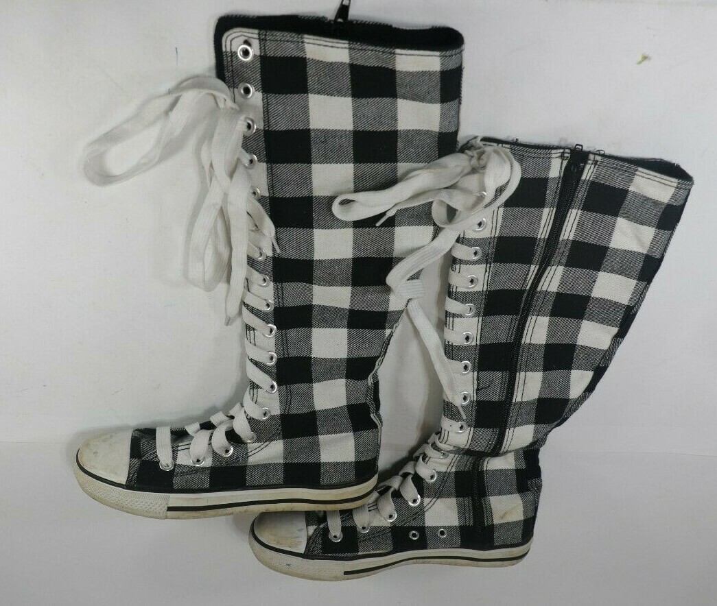 Black & White Knee High Sneakers Zip Cotton 15″ Tall Women’s US Size 4
