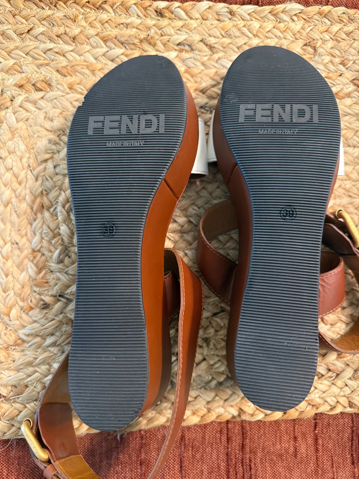 FENDI Two-tone Brown White Leather Platform Wedge Sandals Designer Clean 9/39