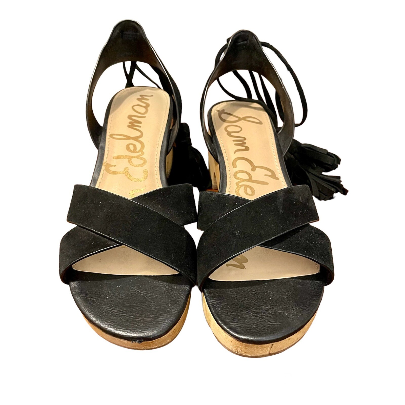 Sam Edelman 7 Jenna Sandals Black Ankle Straps Wooden Heel Platform Suede Boho