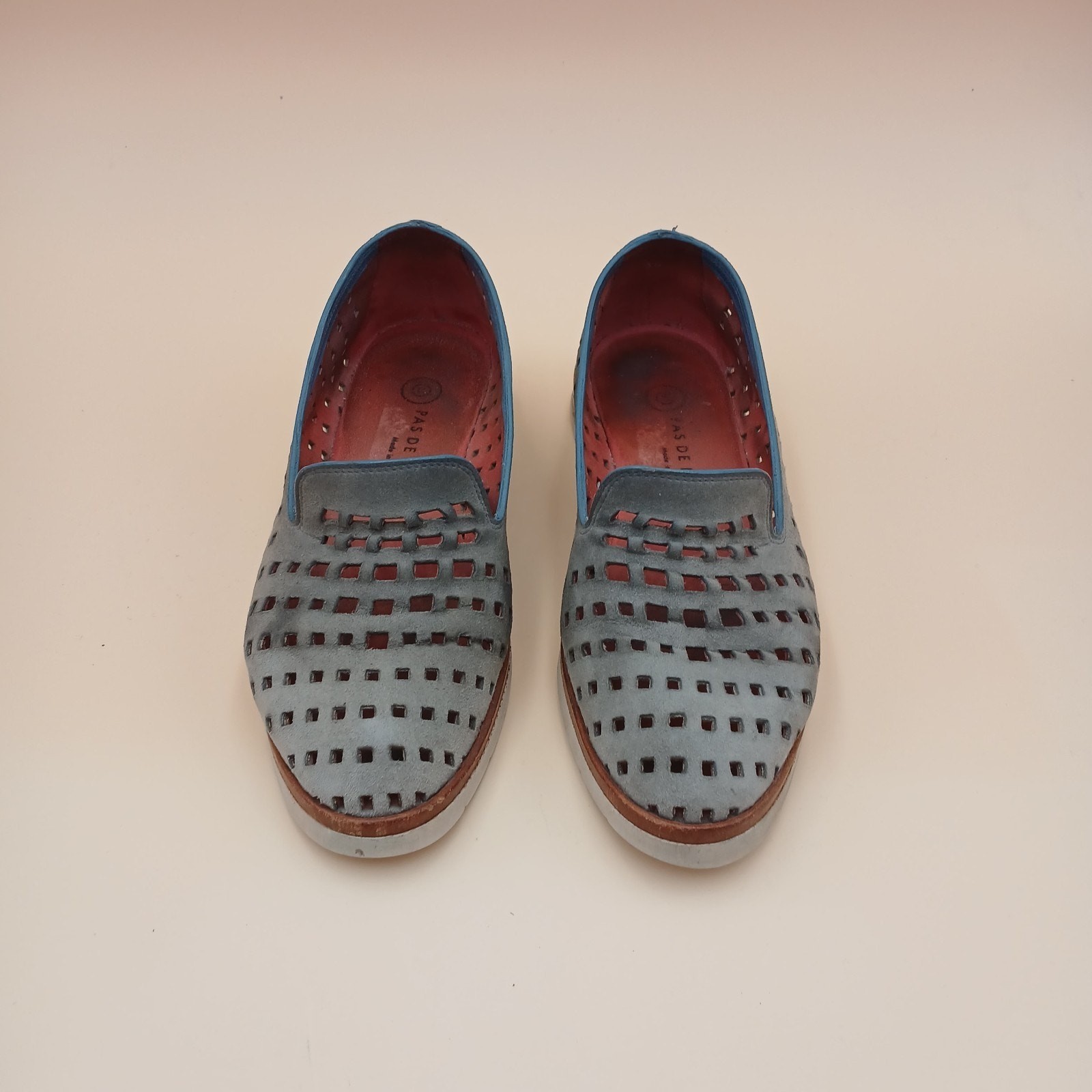 Navy Blue Suede PAS DE ROUGE Loafer Square Cut Outs 7.5 Eu 38