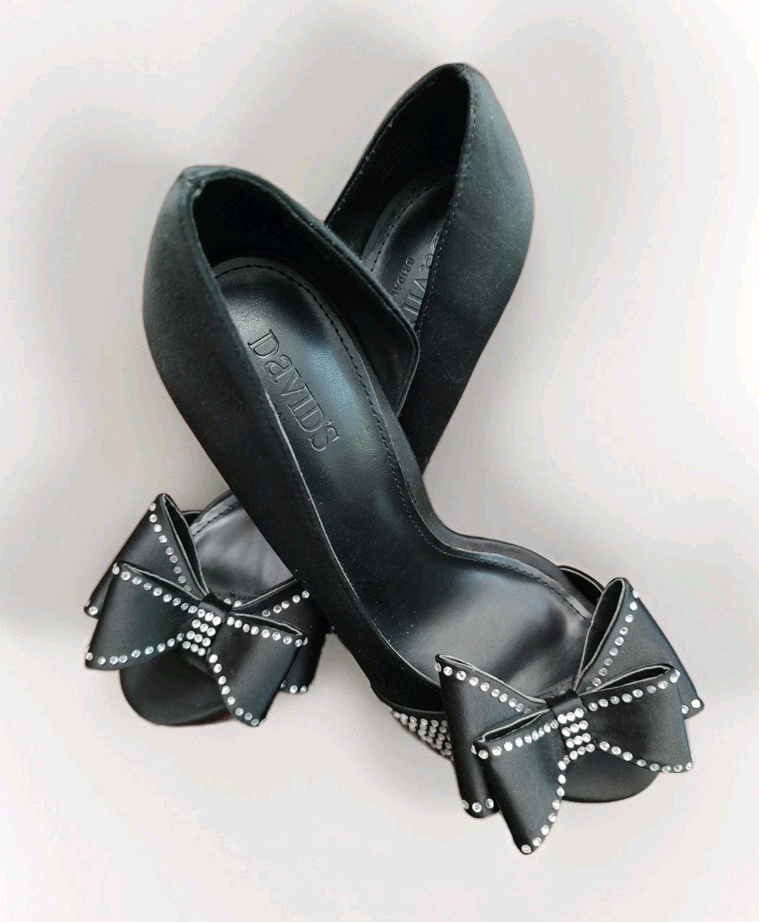 David’s Bridal Izzie Black Satin Peep-toe heels Rhinestone-emb Bow D’Orsay Style