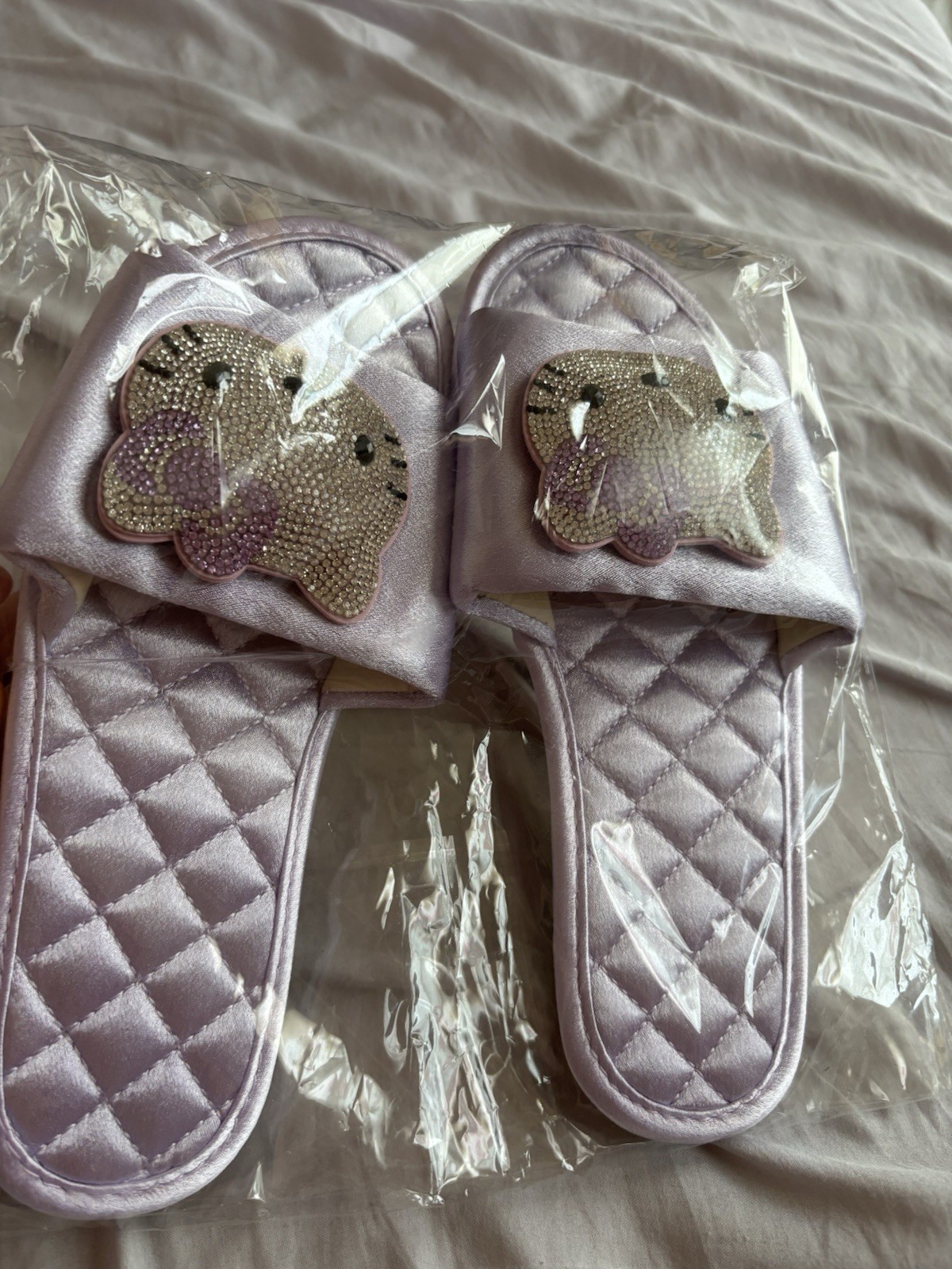 Kawaii Purple Satin Quilted Slippers Rhinestone Cat Coquette Y2K House Shoes