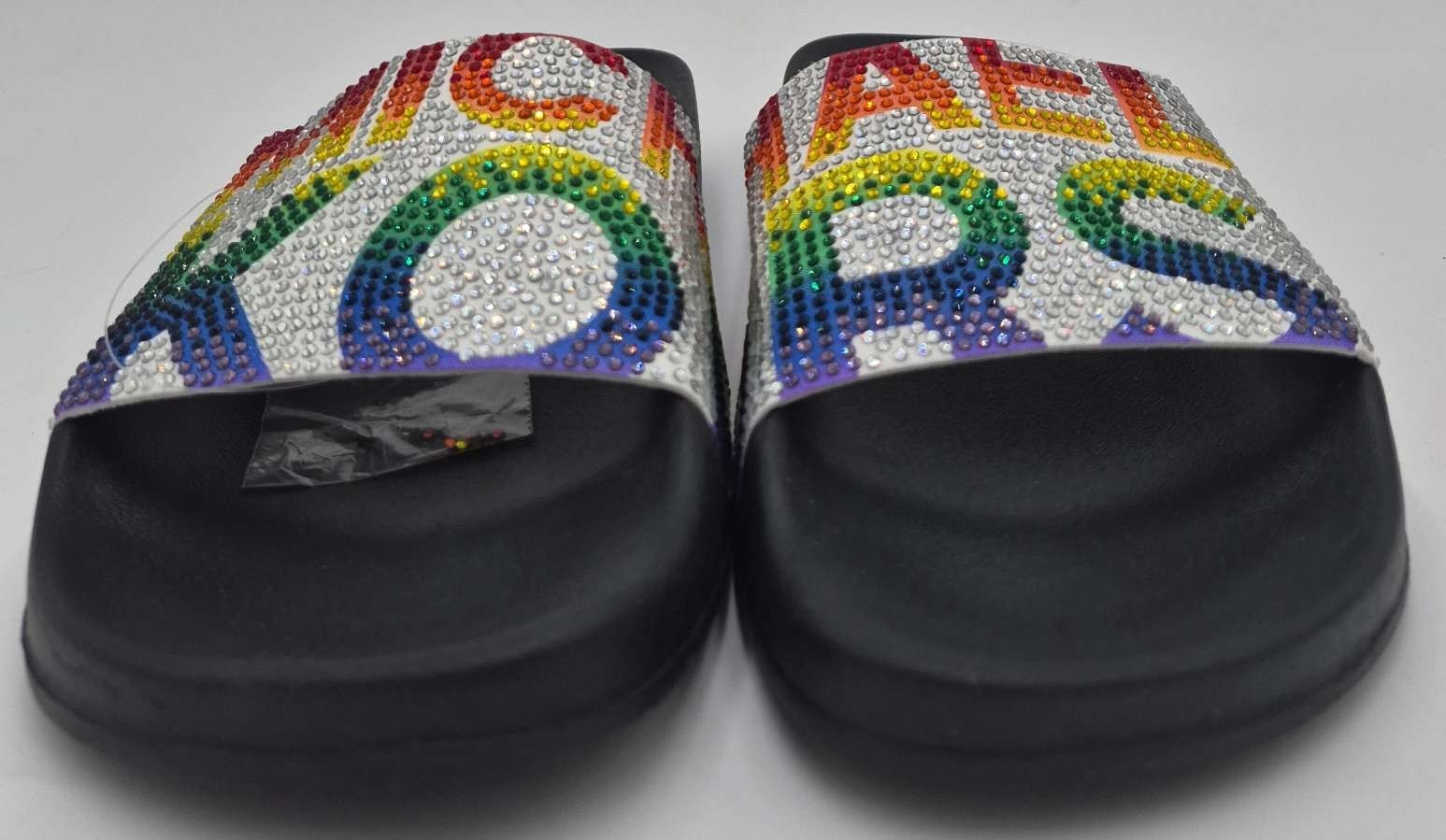 Michael Kors Gilmore Iconic white Rainbow Crystal MK Logo Slides I Love shoes