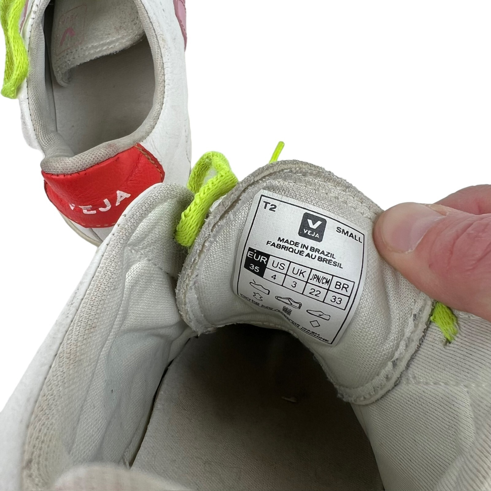 VEJA Women’s Leather Sneakers White Pink Red Neon Laces • Size US 4 | EU 35