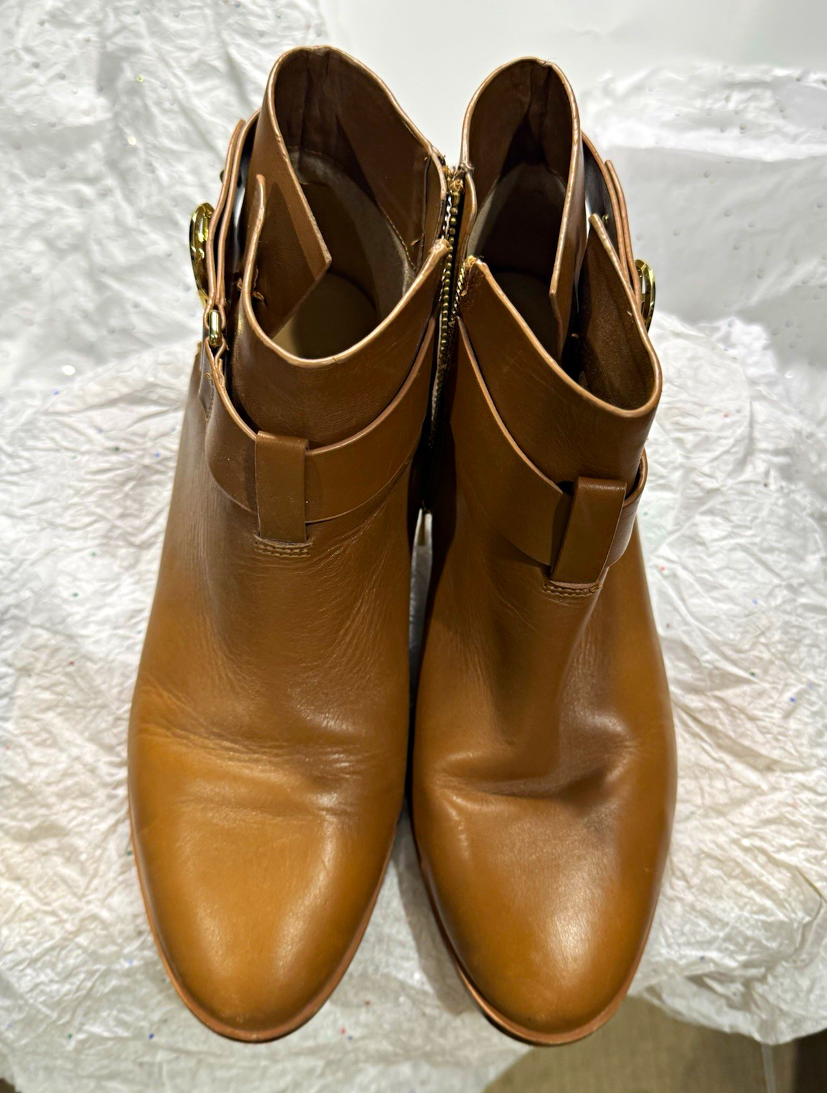 Michael Kors Women’s Brown Leather Ankle Booties Round Toe Zip Logo Buckle 7