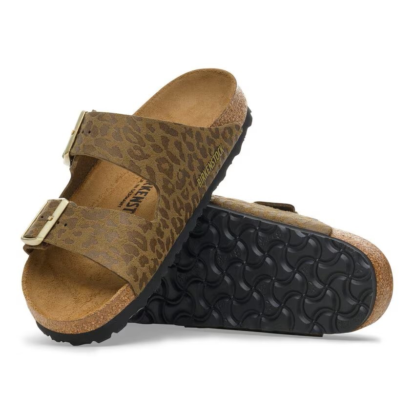 BIRKENSTOCK ARIZONA LEO KHAKI MEDIUM/NARROW WIDTH SLIDE SANDALS LEOPARD