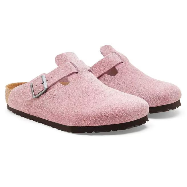 Birkenstock Stussy Boston Suede Leather Soft Footbed Clog Shoes Dusty Pink