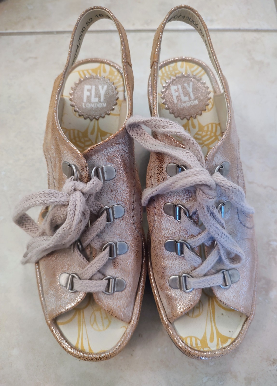 Fly London Platform Wedge Designer Leather Shoes Golden Metal Portugal