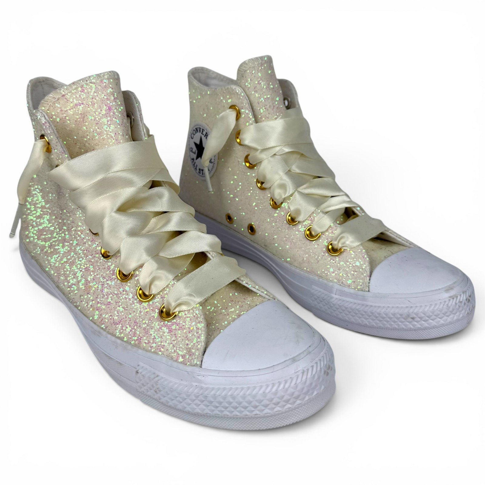 Converse CT All Star Hi-Top Wedding Iridescent Glitter Beige Ribbon Laces sz 8.5